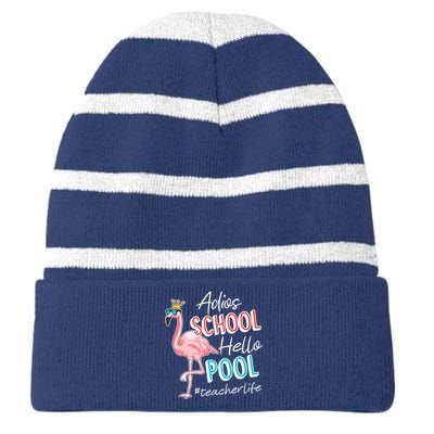 Adios School Hello Pool Teacher Life Flamingo Striped Beanie with Solid Band