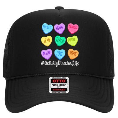 Activity Director Life Teacher Valentines Day Candy Heart High Crown Mesh Back Trucker Hat