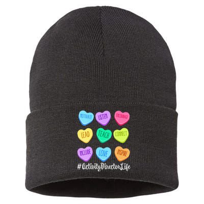 Activity Director Life Teacher Valentines Day Candy Heart Sustainable Knit Beanie