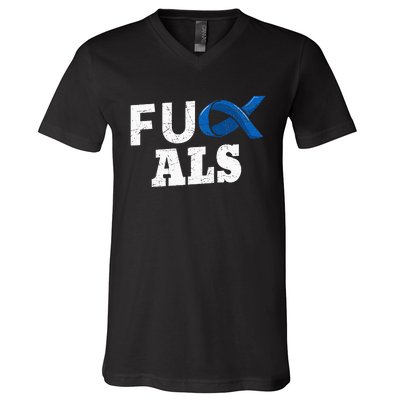 ALS Disease Lou Gehrig's Blue Ribbon Neurological Disorders V-Neck T-Shirt