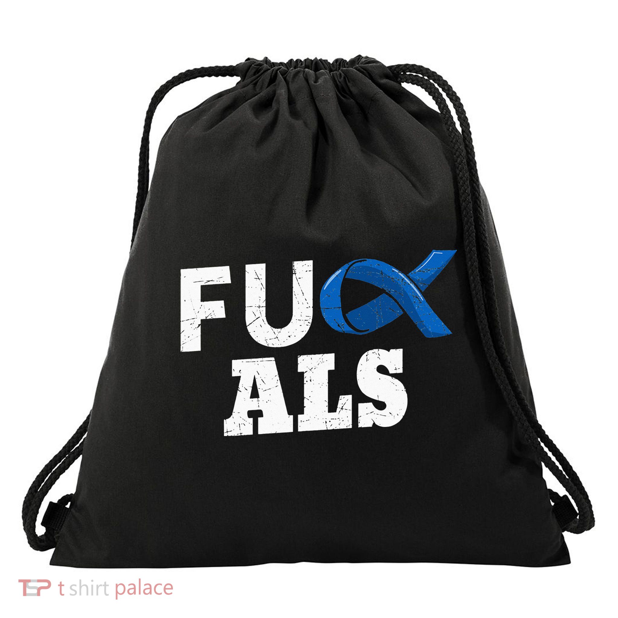 ALS Disease Lou Gehrig's Blue Ribbon Neurological Disorders Drawstring Bag
