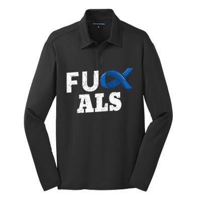 ALS Disease Lou Gehrig's Blue Ribbon Neurological Disorders Silk Touch Performance Long Sleeve Polo