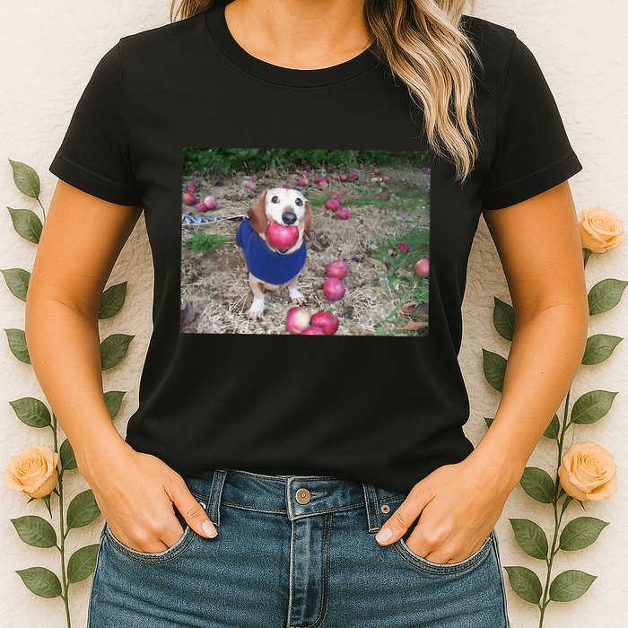 Apple Dog Meme Funny Dog With Apple In Mouth Funny Brainrot Womens T-Shirt
