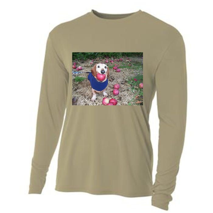 Apple Dog Meme Funny Dog With Apple In Mouth Funny Brainrot Cooling Performance Long Sleeve Crew