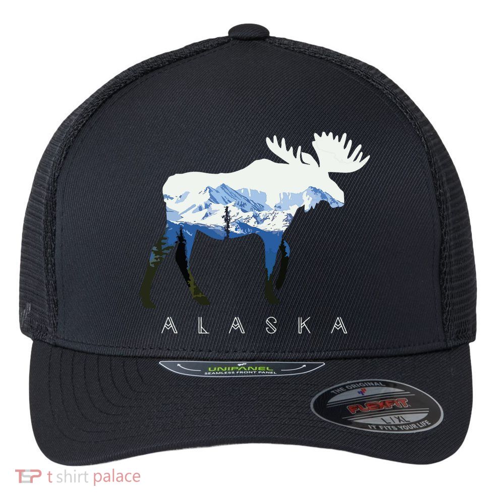 Alaska Day Moose Snowy Mountain Flexfit Unipanel Trucker Cap