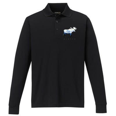 Alaska Day Moose Snowy Mountain Performance Long Sleeve Polo