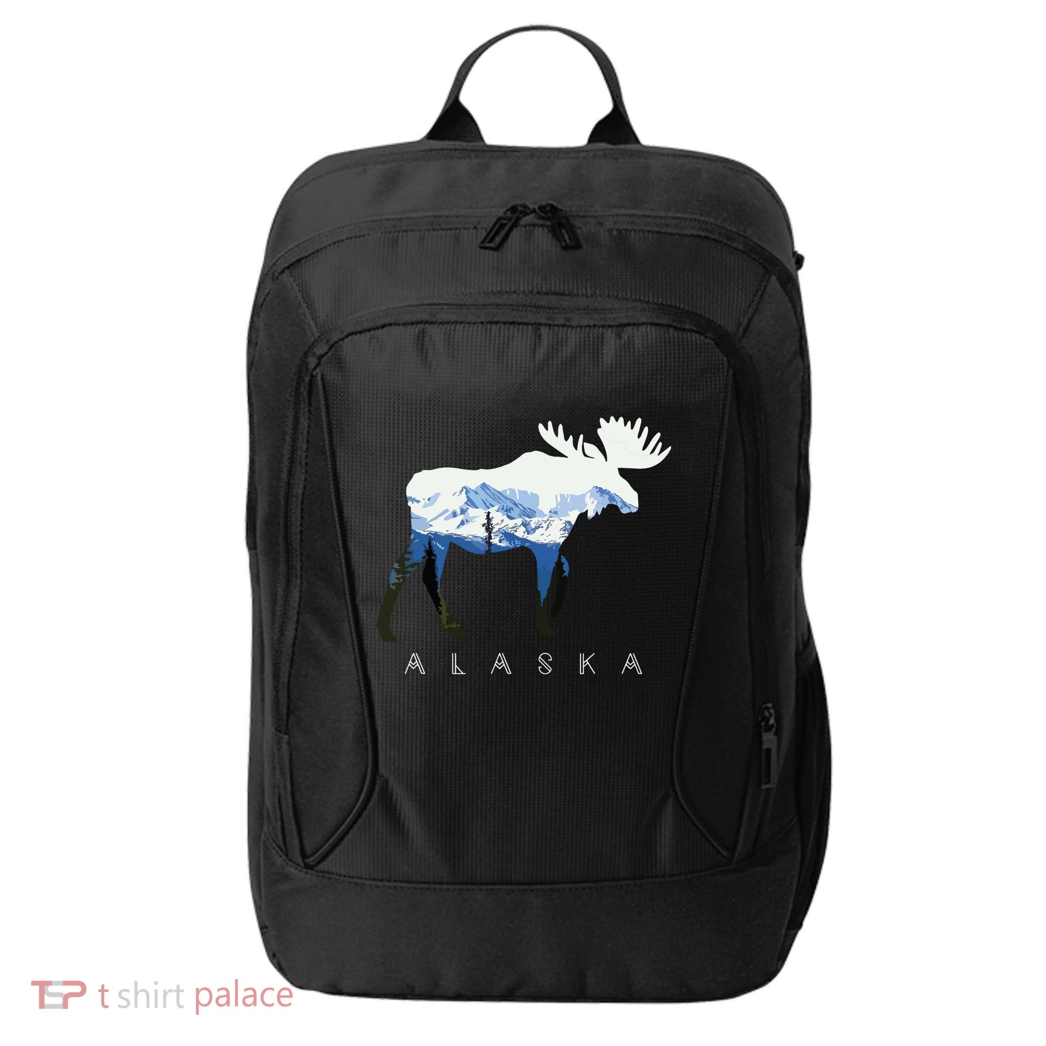 Alaska Day Moose Snowy Mountain City Backpack