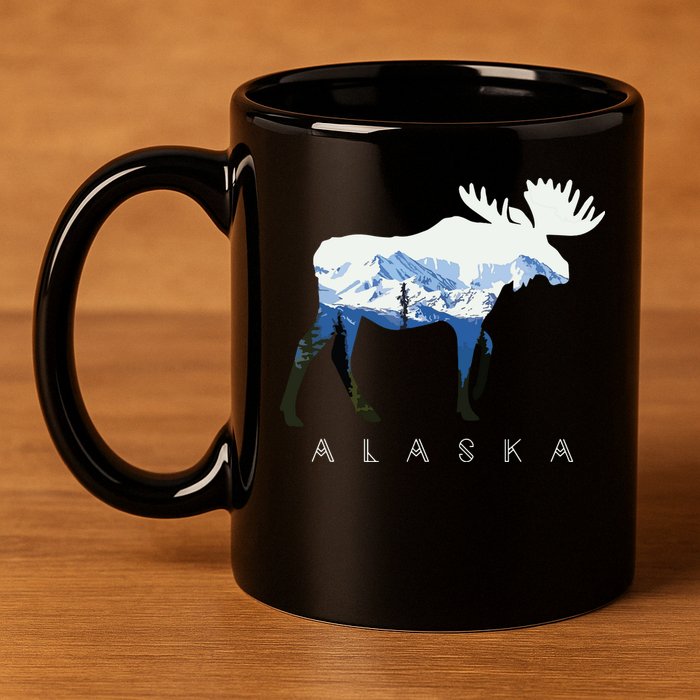 Alaska Day Moose Snowy Mountain 11oz C Handle Ceramic Mug