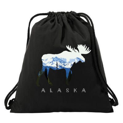 Alaska Day Moose Snowy Mountain Drawstring Bag