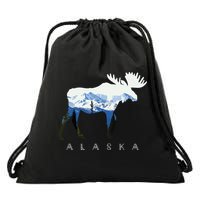 Alaska Day Moose Snowy Mountain Drawstring Bag