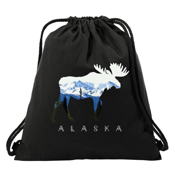 Alaska Day Moose Snowy Mountain Drawstring Bag