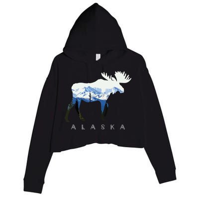 Alaska Day Moose Snowy Mountain Crop Fleece Hoodie