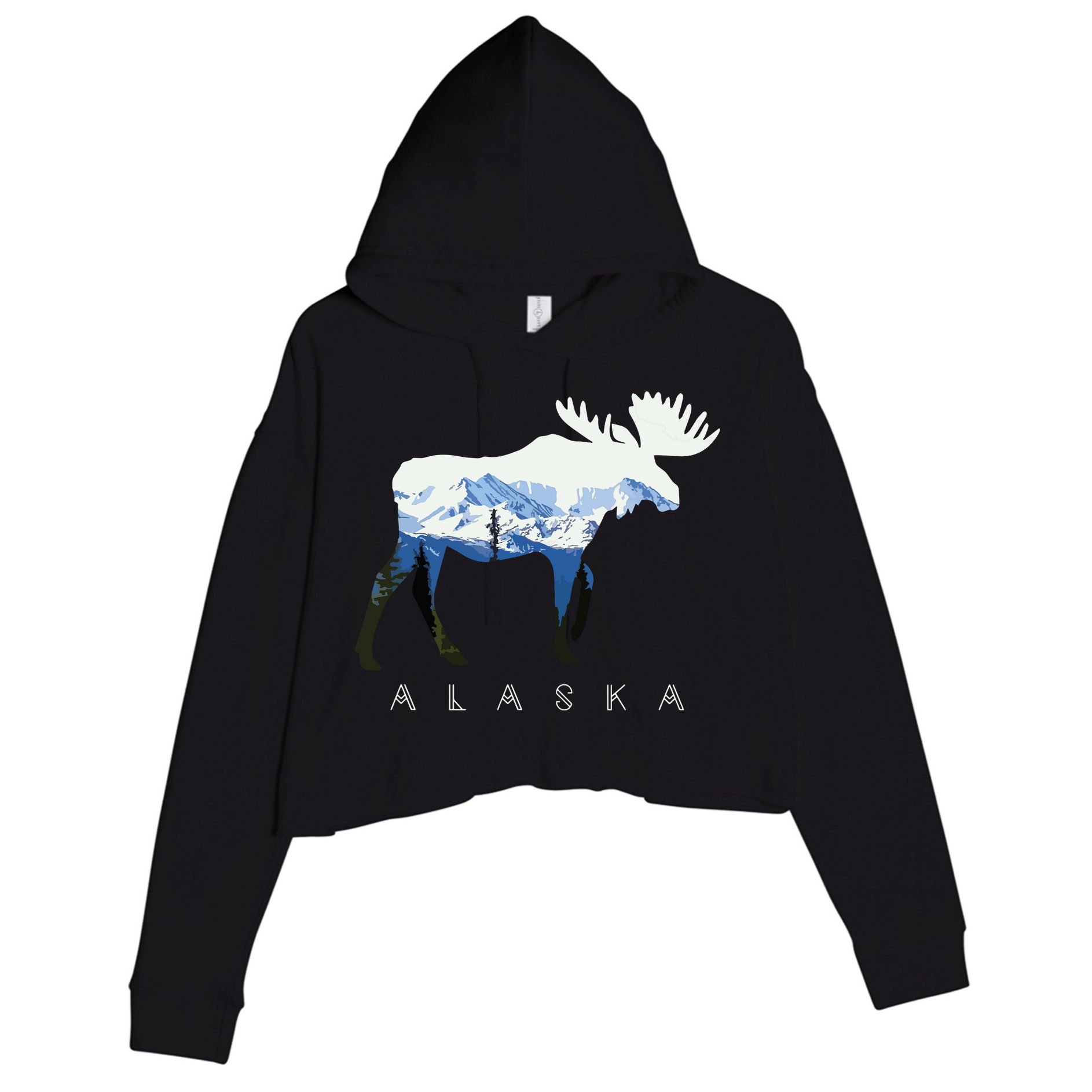 Alaska Day Moose Snowy Mountain Crop Fleece Hoodie