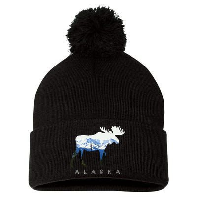 Alaska Day Moose Snowy Mountain Pom Pom 12in Knit Beanie