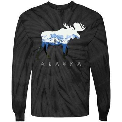 Alaska Day Moose Snowy Mountain Tie-Dye Long Sleeve Shirt