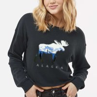 Alaska Day Moose Snowy Mountain Cropped Pullover Crew