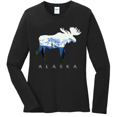 Alaska Day Moose Snowy Mountain Ladies Long Sleeve Shirt