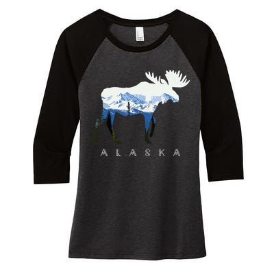 Alaska Day Moose Snowy Mountain Women's Tri-Blend 3/4-Sleeve Raglan Shirt