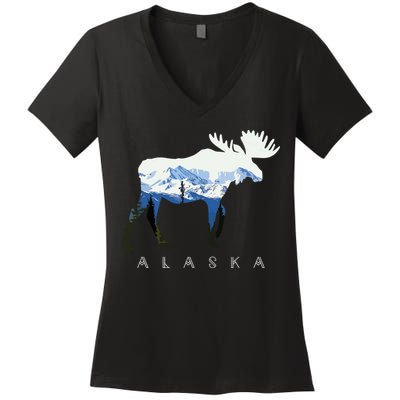 Alaska Day Moose Snowy Mountain Women's V-Neck T-Shirt