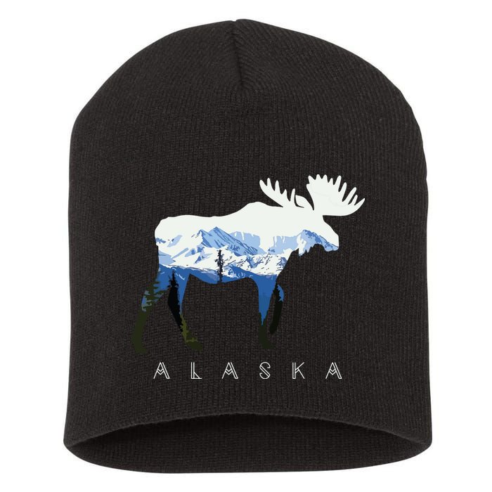 Alaska Day Moose Snowy Mountain Short Acrylic Beanie