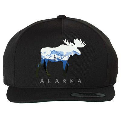 Alaska Day Moose Snowy Mountain Wool Snapback Cap