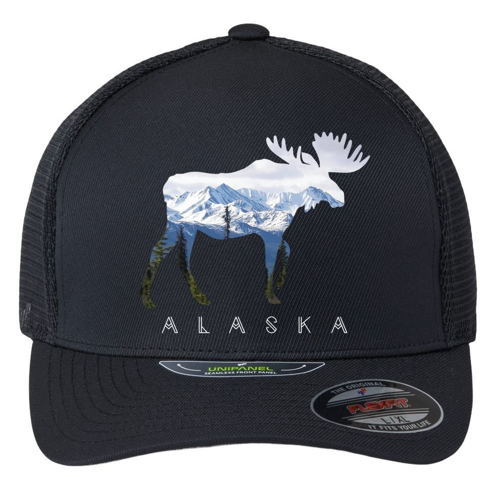 Alaska Day Moose Snowy Mountain Cute Gift Alaskan Tourist Gift Flexfit Unipanel Trucker Cap