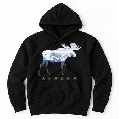 Alaska Day Moose Snowy Mountain Cute Gift Alaskan Tourist Gift Hoodie