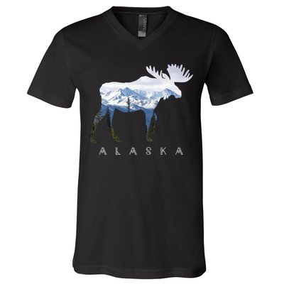 Alaska Day Moose Snowy Mountain Cute Gift Alaskan Tourist Gift V-Neck T-Shirt