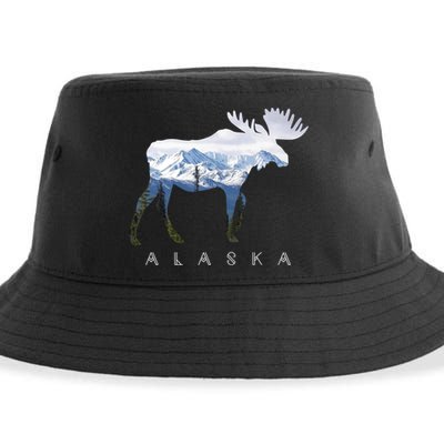 Alaska Day Moose Snowy Mountain Cute Gift Alaskan Tourist Gift Sustainable Bucket Hat