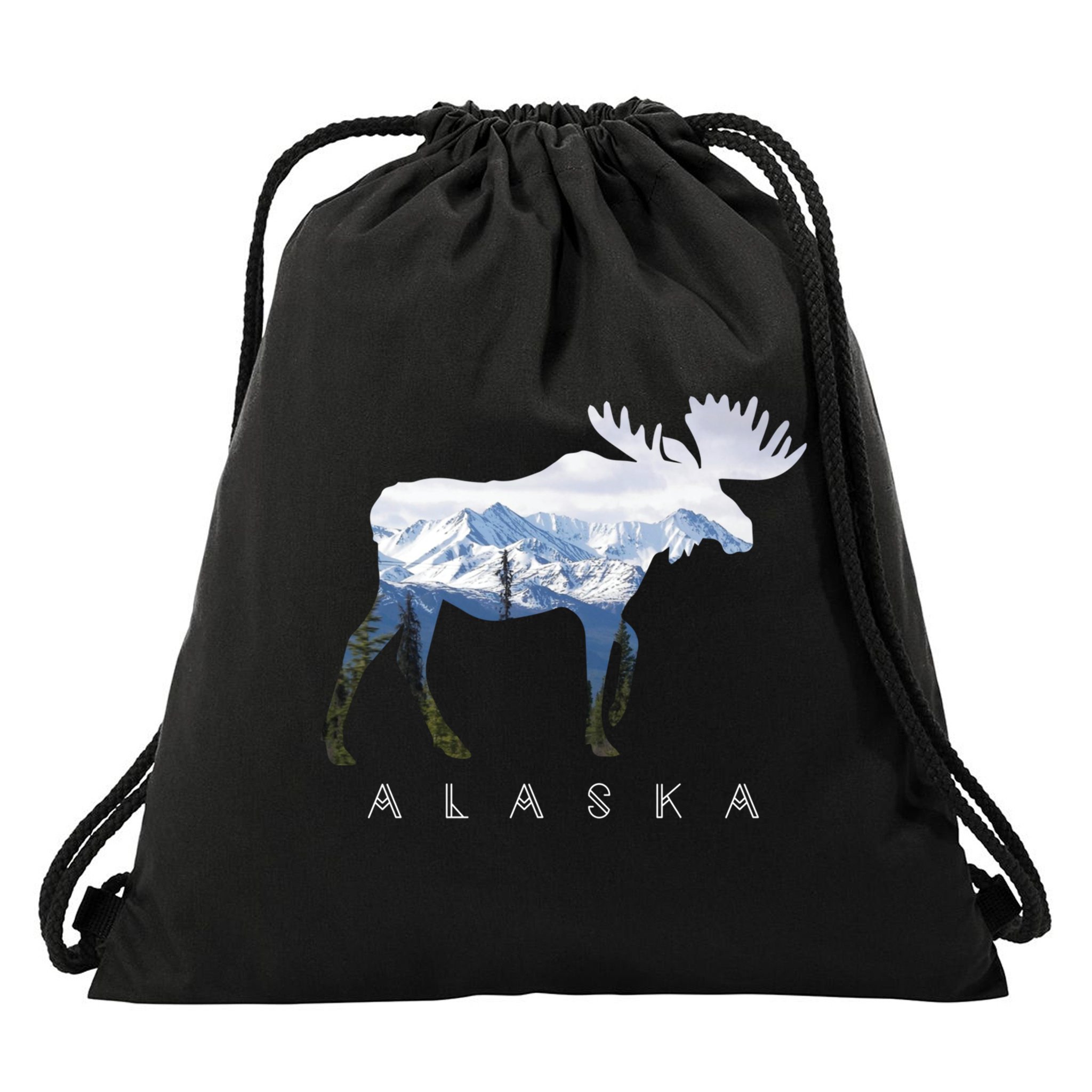 Alaska Day Moose Snowy Mountain Cute Gift Alaskan Tourist Gift Drawstring Bag