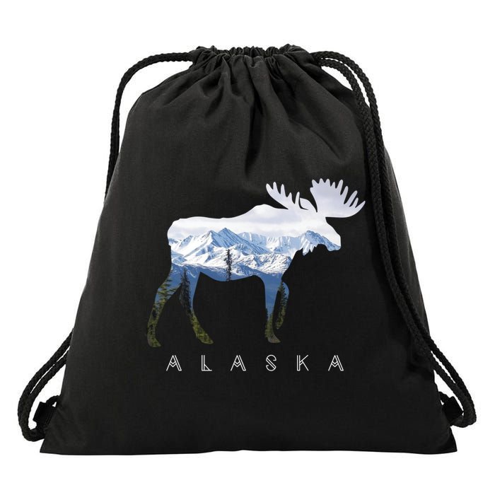 Alaska Day Moose Snowy Mountain Cute Gift Alaskan Tourist Gift Drawstring Bag