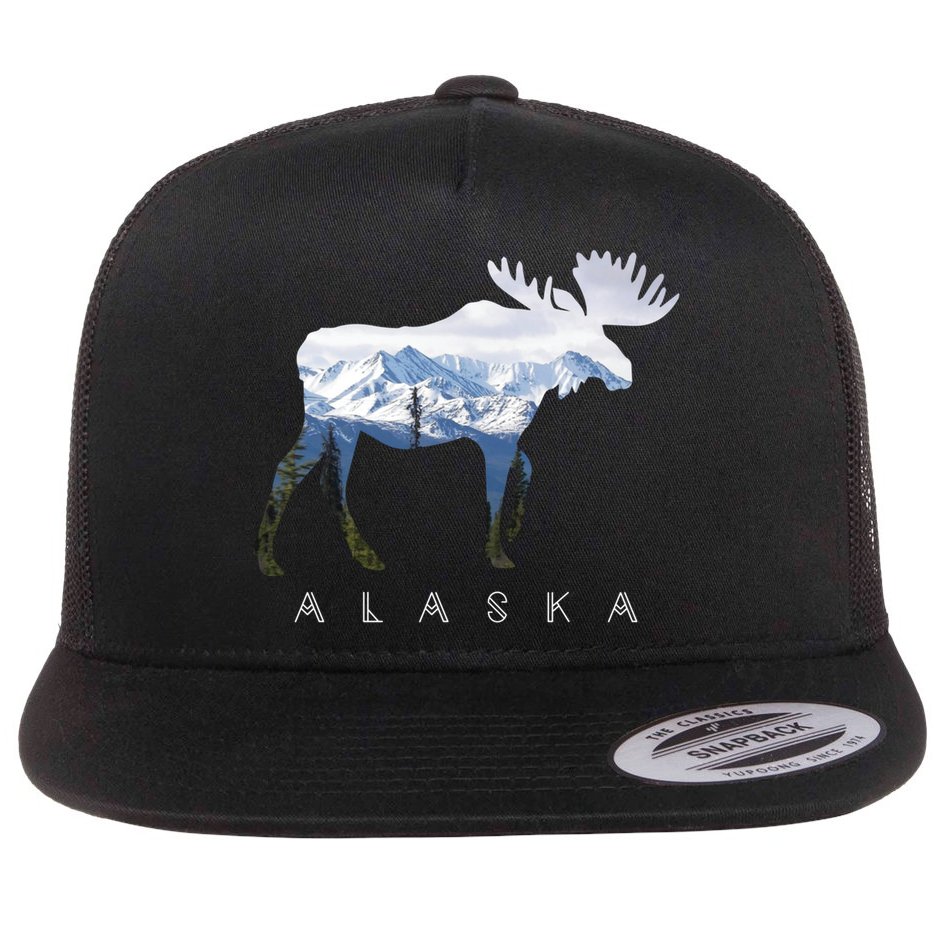 Alaska Day Moose Snowy Mountain Cute Gift Alaskan Tourist Gift Flat Bill Trucker Hat