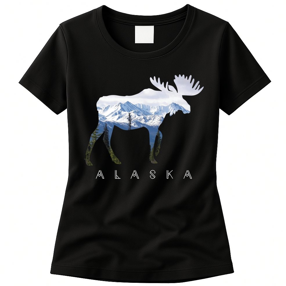 Alaska Day Moose Snowy Mountain Cute Gift Alaskan Tourist Gift Womens T-Shirt