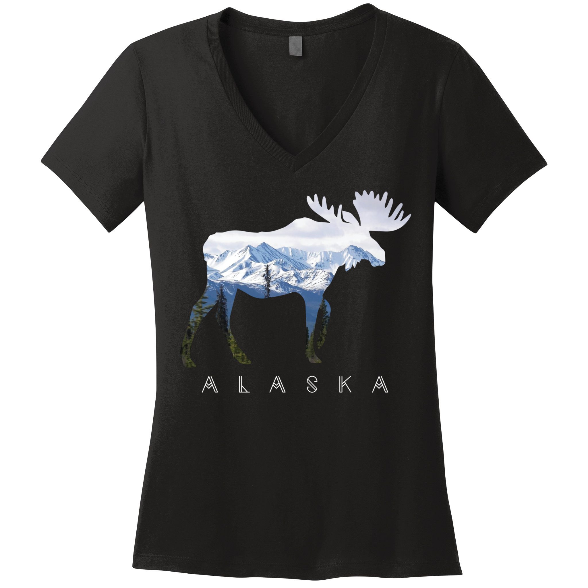 Alaska Day Moose Snowy Mountain Cute Gift Alaskan Tourist Gift Women's V-Neck T-Shirt