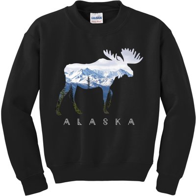 Alaska Day Moose Snowy Mountain Cute Gift Alaskan Tourist Gift Kids Sweatshirt