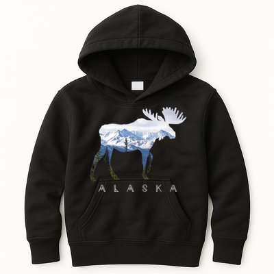 Alaska Day Moose Snowy Mountain Cute Gift Alaskan Tourist Gift Kids Hoodie