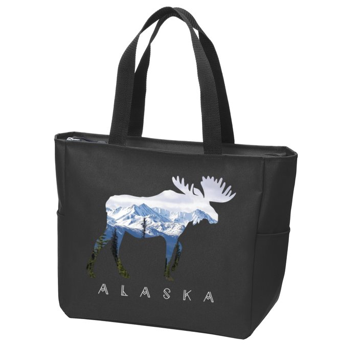 Alaska Day Moose Snowy Mountain Cute Gift Alaskan Tourist Gift Zip Tote Bag