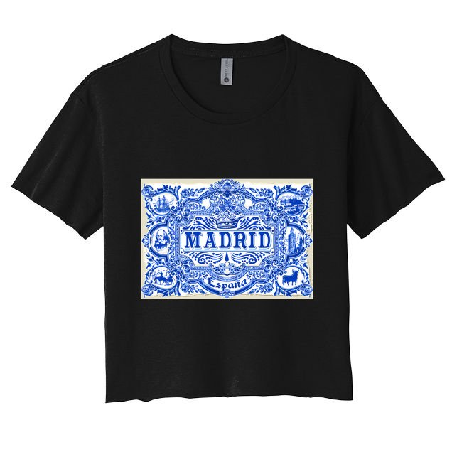 Azulejo Decoration Madrid Blue Vintage Azulejos Tiles Crop Top