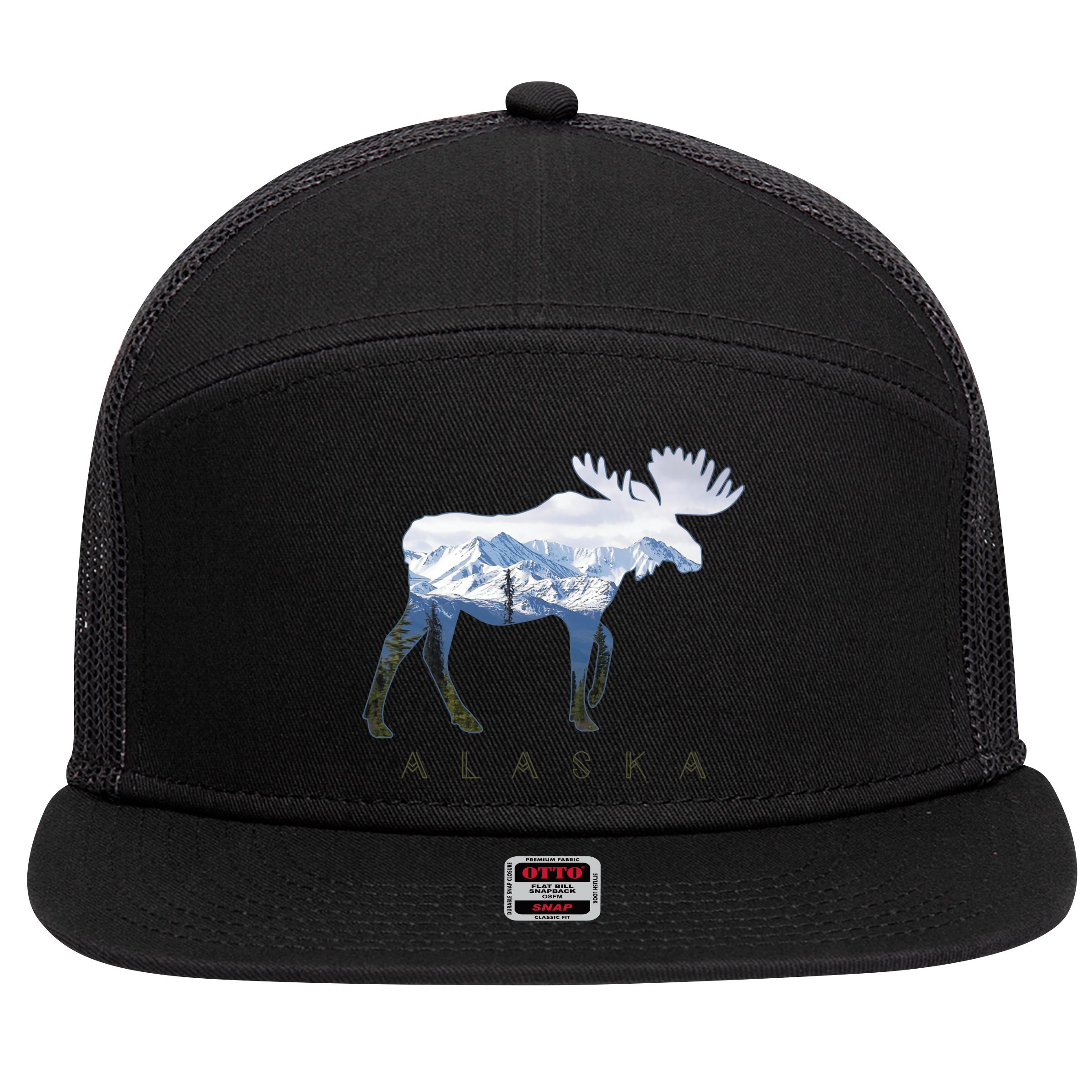 Alaska Day Moose Snowy Mountain Alaskan Tourist 7 Panel Mesh Trucker Snapback Hat