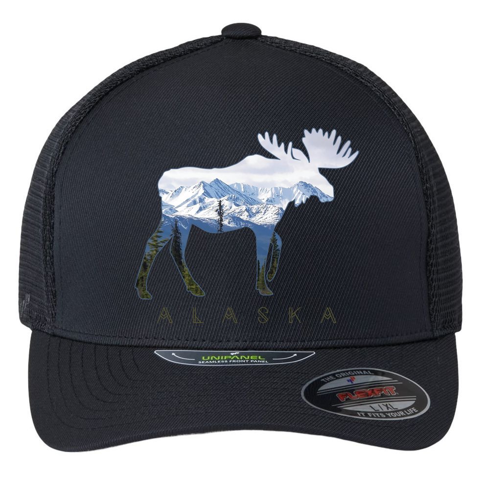 Alaska Day Moose Snowy Mountain Alaskan Tourist Flexfit Unipanel Trucker Cap