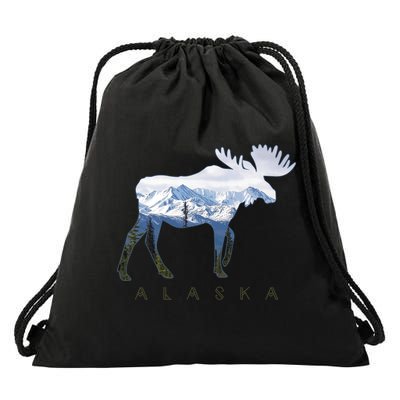 Alaska Day Moose Snowy Mountain Alaskan Tourist Drawstring Bag