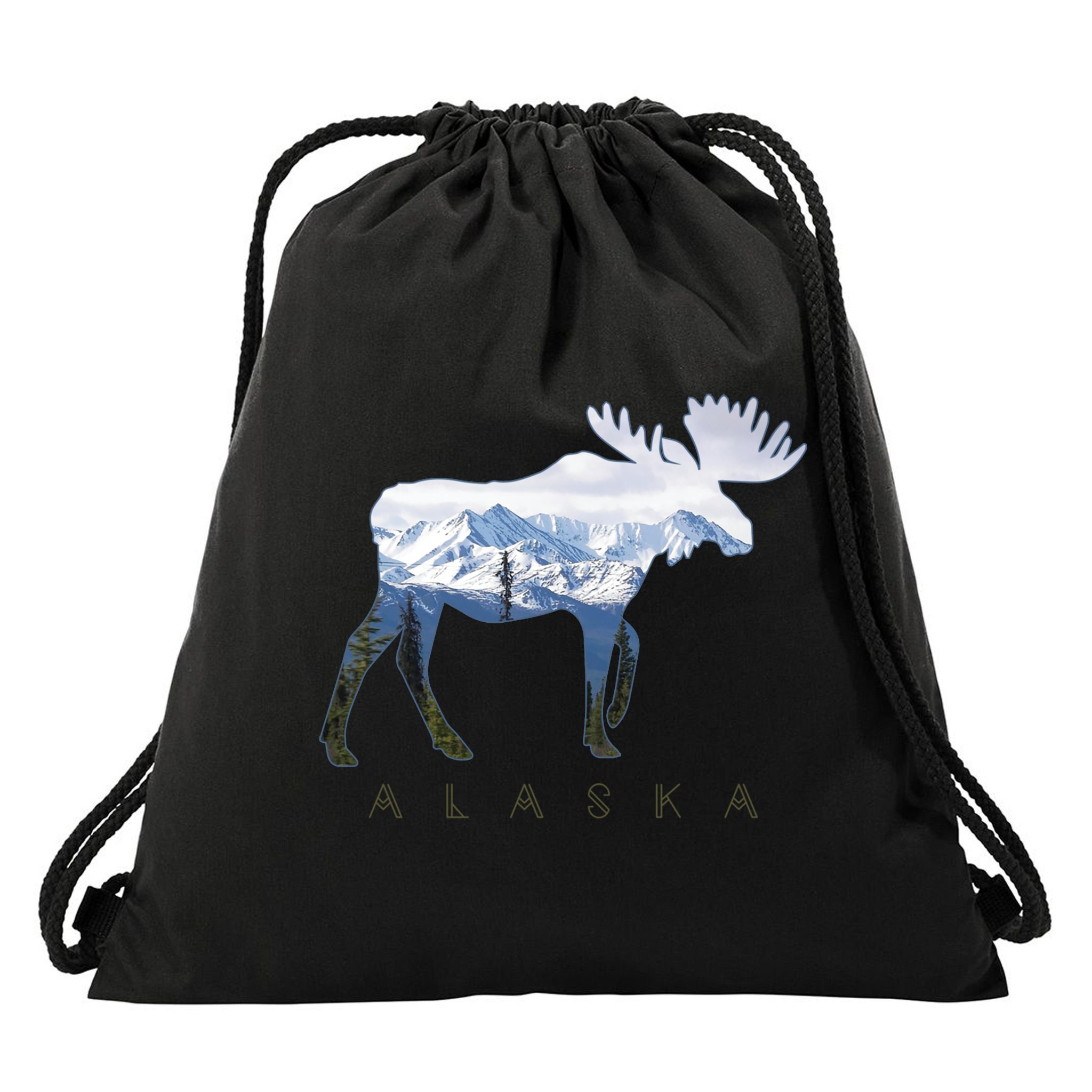 Alaska Day Moose Snowy Mountain Alaskan Tourist Drawstring Bag