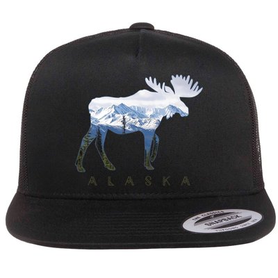 Alaska Day Moose Snowy Mountain Alaskan Tourist Flat Bill Trucker Hat