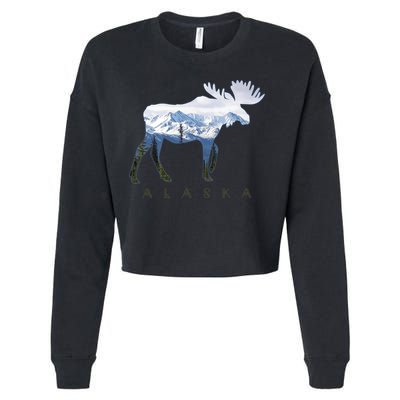 Alaska Day Moose Snowy Mountain Alaskan Tourist Cropped Pullover Crew
