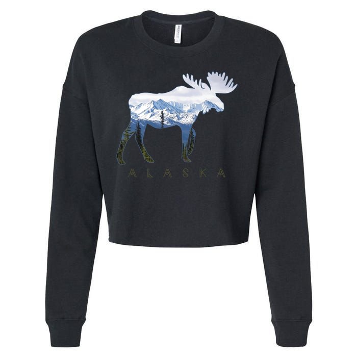 Alaska Day Moose Snowy Mountain Alaskan Tourist Cropped Pullover Crew
