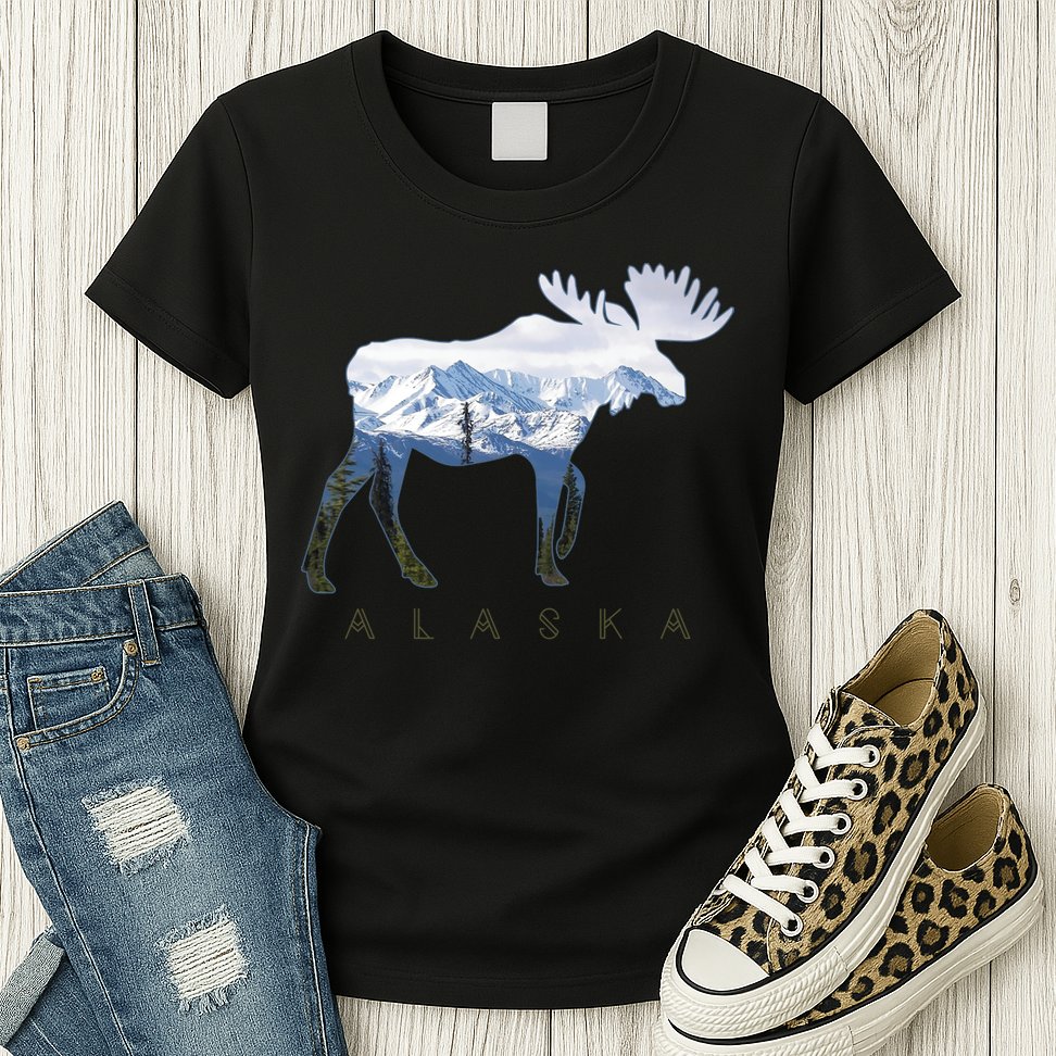 Alaska Day Moose Snowy Mountain Alaskan Tourist Womens T-Shirt