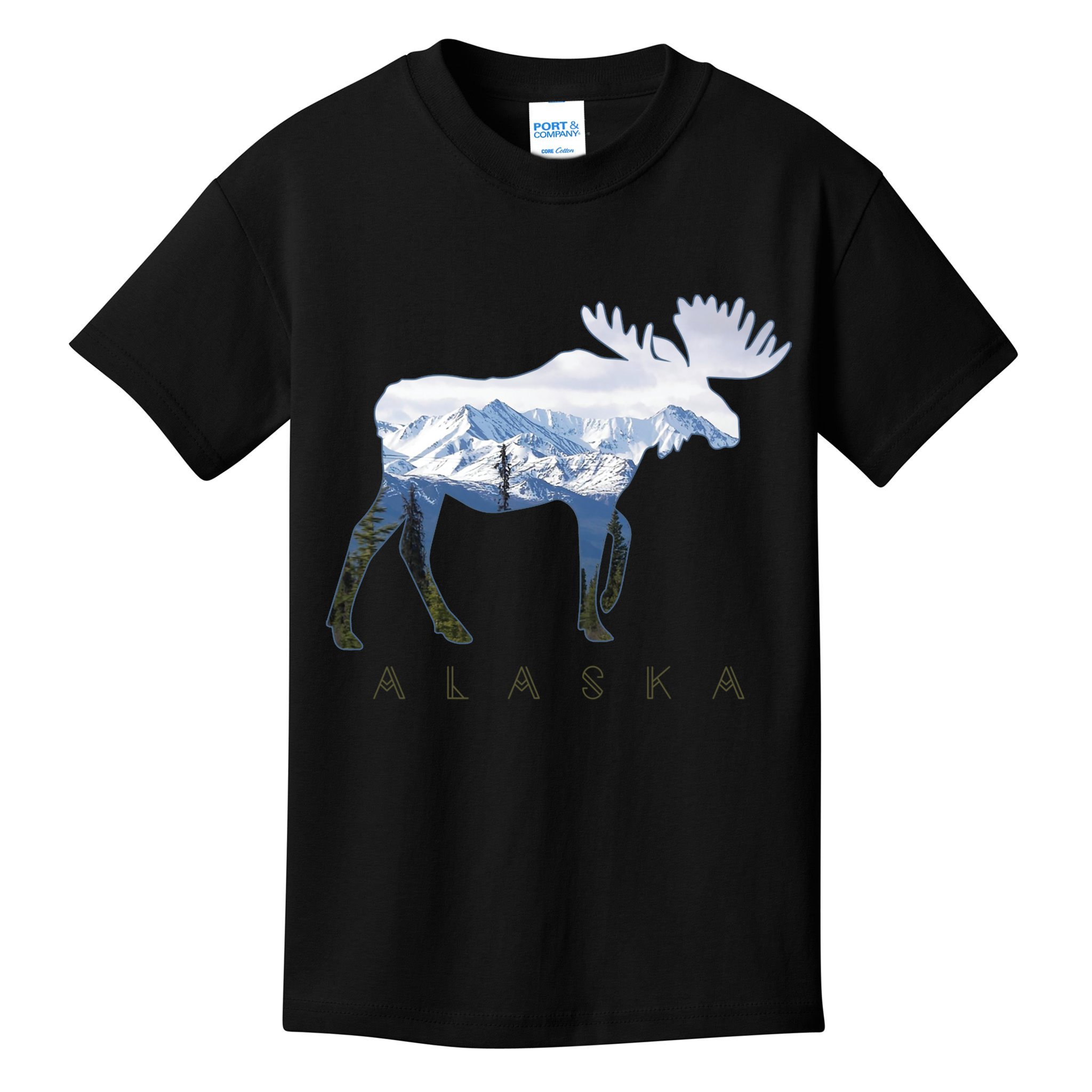 Alaska Day Moose Snowy Mountain Alaskan Tourist Kids T-Shirt