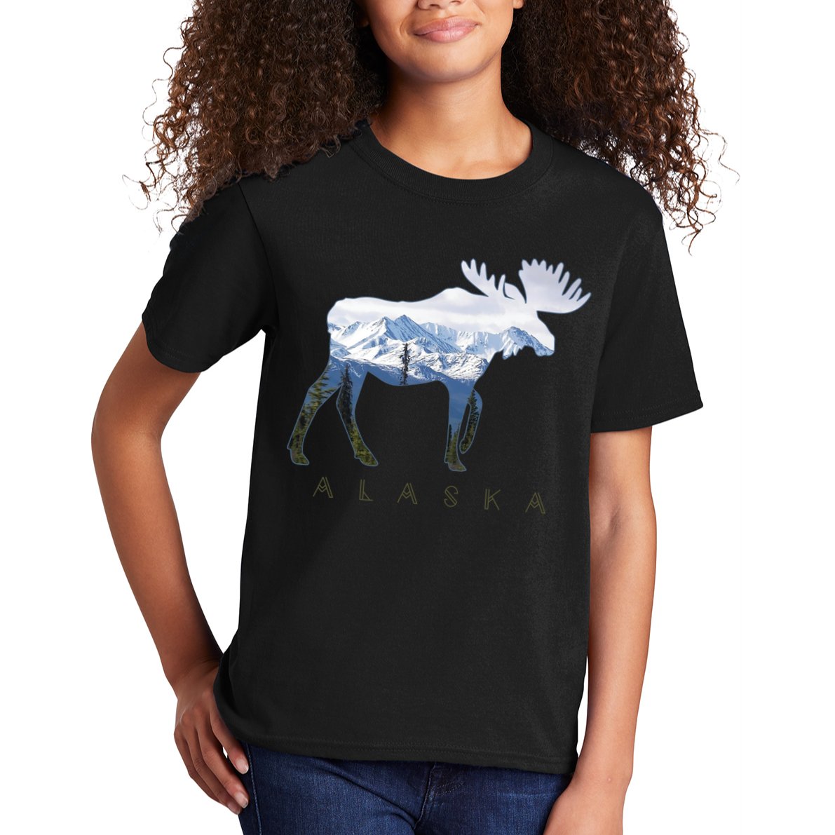 Alaska Day Moose Snowy Mountain Alaskan Tourist Kids T-Shirt