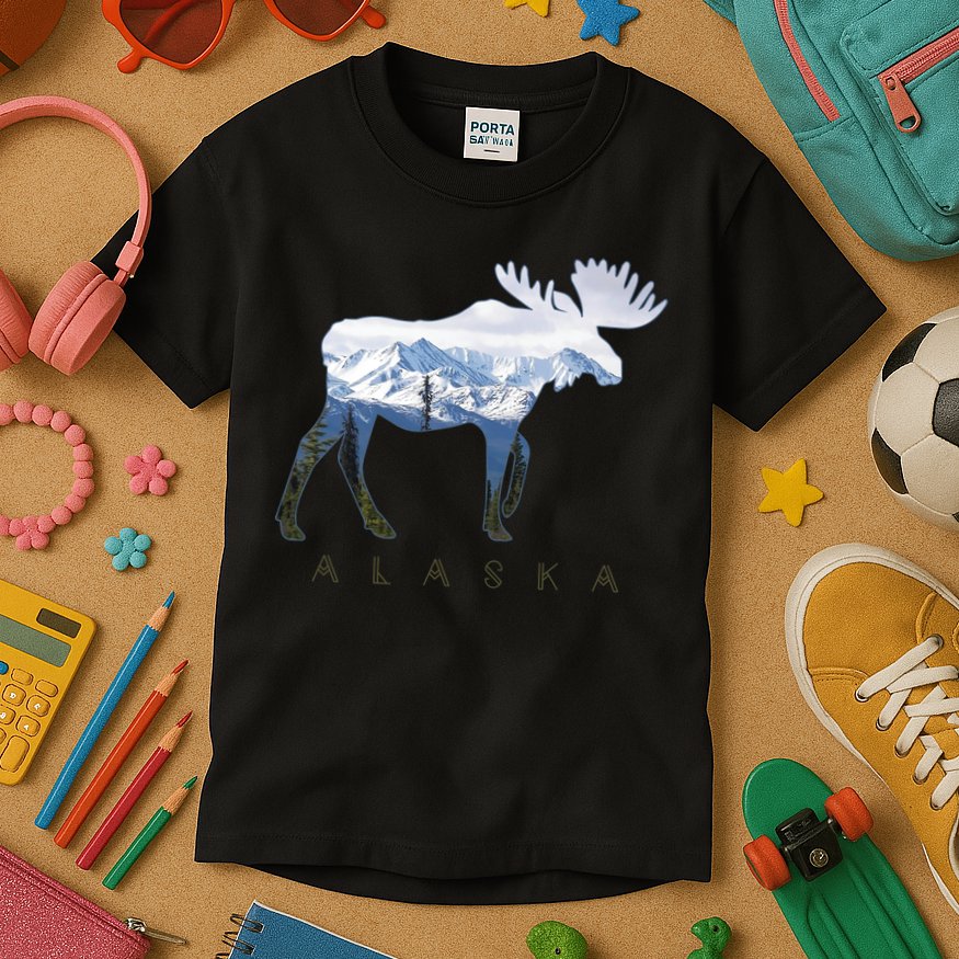 Alaska Day Moose Snowy Mountain Alaskan Tourist Kids T-Shirt