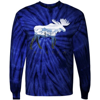 Alaska Day Moose Snowy Mountain Alaskan Tourist Tie-Dye Long Sleeve Shirt